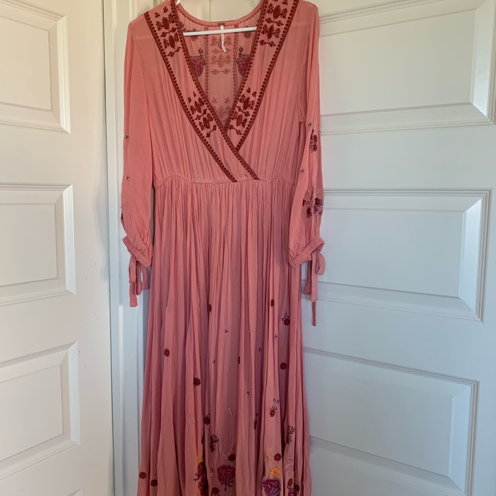 Free People Rose Pink Embroidered Midi Dress